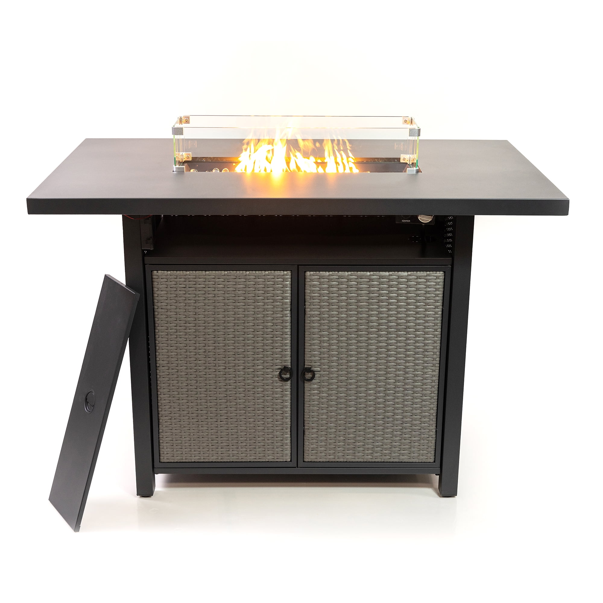 Deko Living  55 Inch Rectangular Outdoor Propane Gas Fire Pit Barstool Table 40,000 BTU with Glass Bead Filler