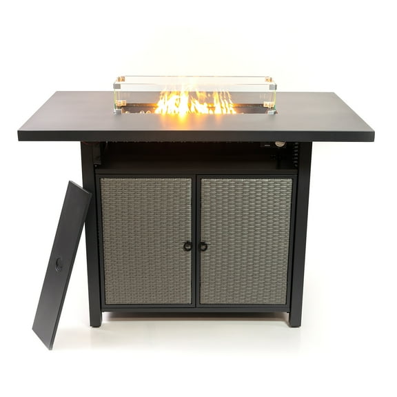 Deko Living 55 Inch Rectangular Outdoor Propane Gas Fire Pit Barstool Table 40,000 BTU with Glass Bead Filler