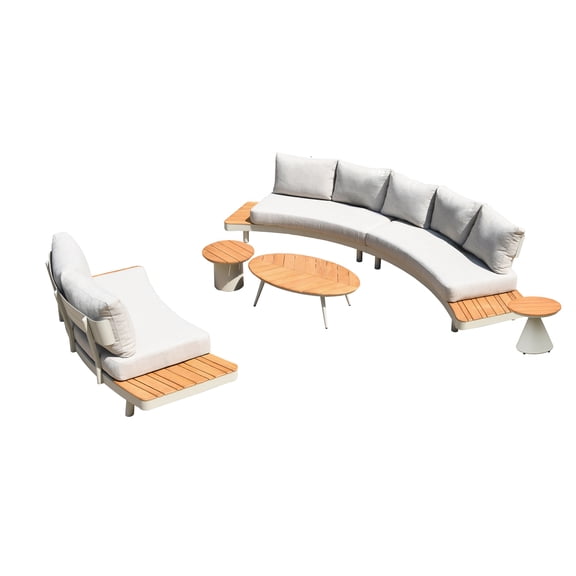 Deko Living 6 Place Seating Outdoor Cream Aluminum and Teak Contour Sofa Set