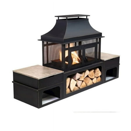 Deko Living 80" x 21.65" Rectangular Wood Metal Fire Pit with Log Storage Compartment & Side Tables