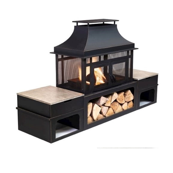 Deko Living 80" x 21.65" Rectangular Wood Metal Fire Pit with Log Storage Compartment & Side Tables