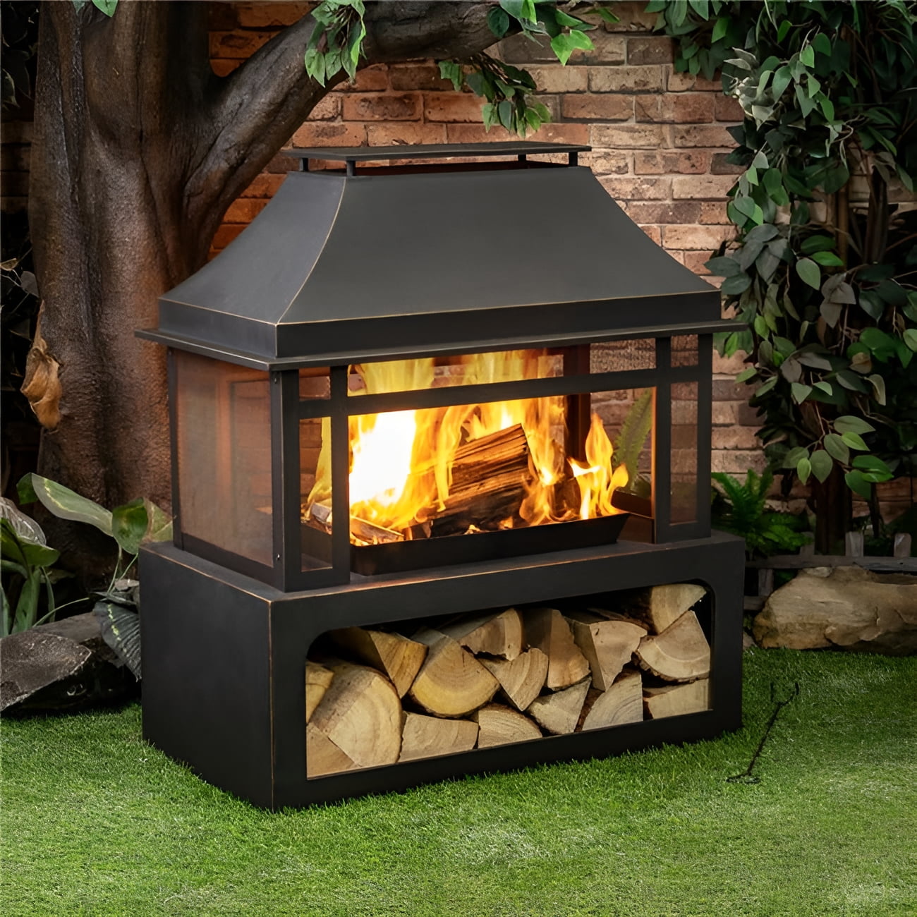 Deko Living COB10501 40 in. Rectangular Outdoor Metal Woodburning Fireplace with Log Storage