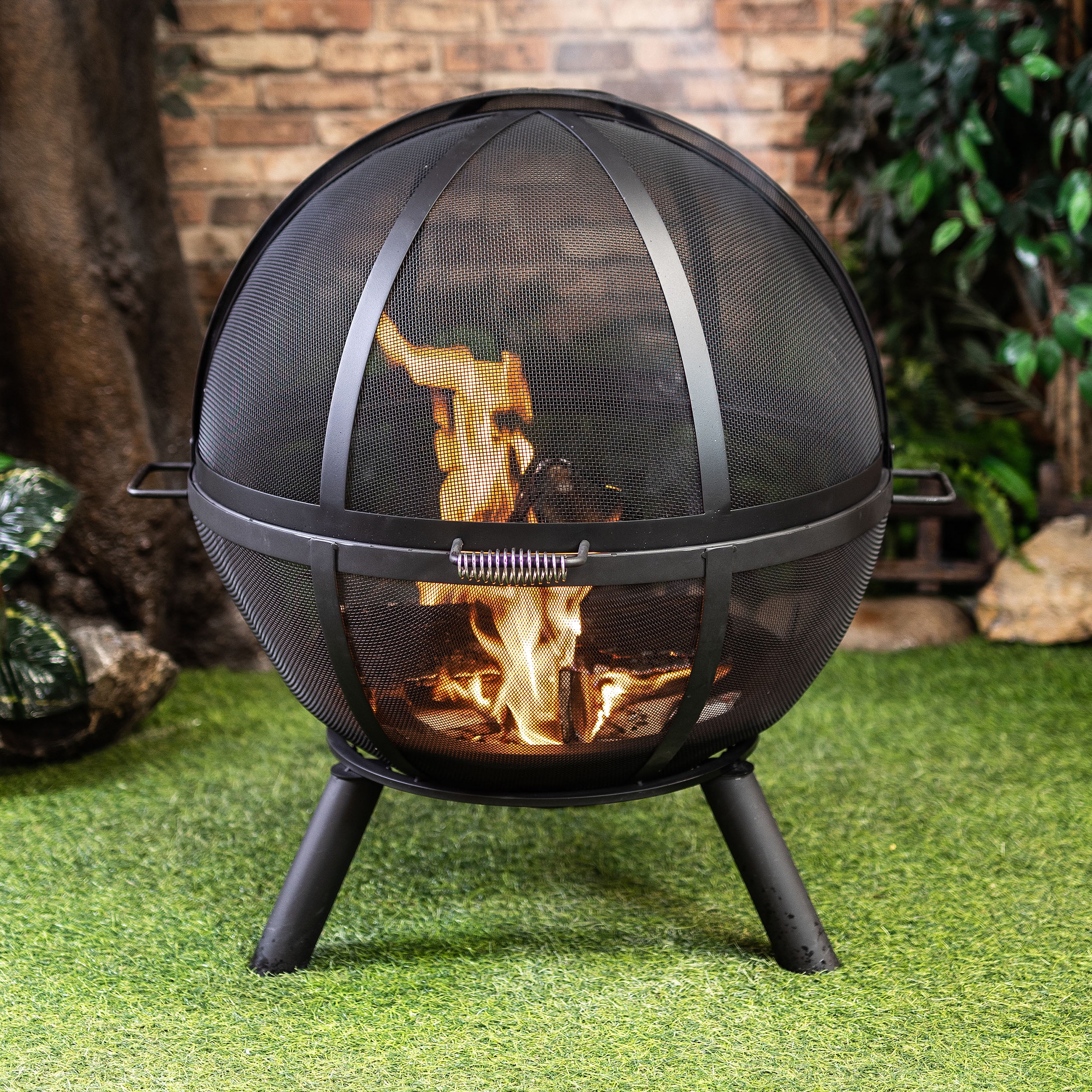 Black Metal Sphere Wood Burning Fire Pit with Screen