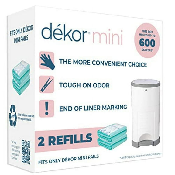 Dekor Mini Diaper Pail Refills | 2 Count | Most Economical Refill System | Quick & Easy to Replace | No Preset Bag Size Use Only What You Need | Exclusive End-of-Liner Marking | Baby Powder S