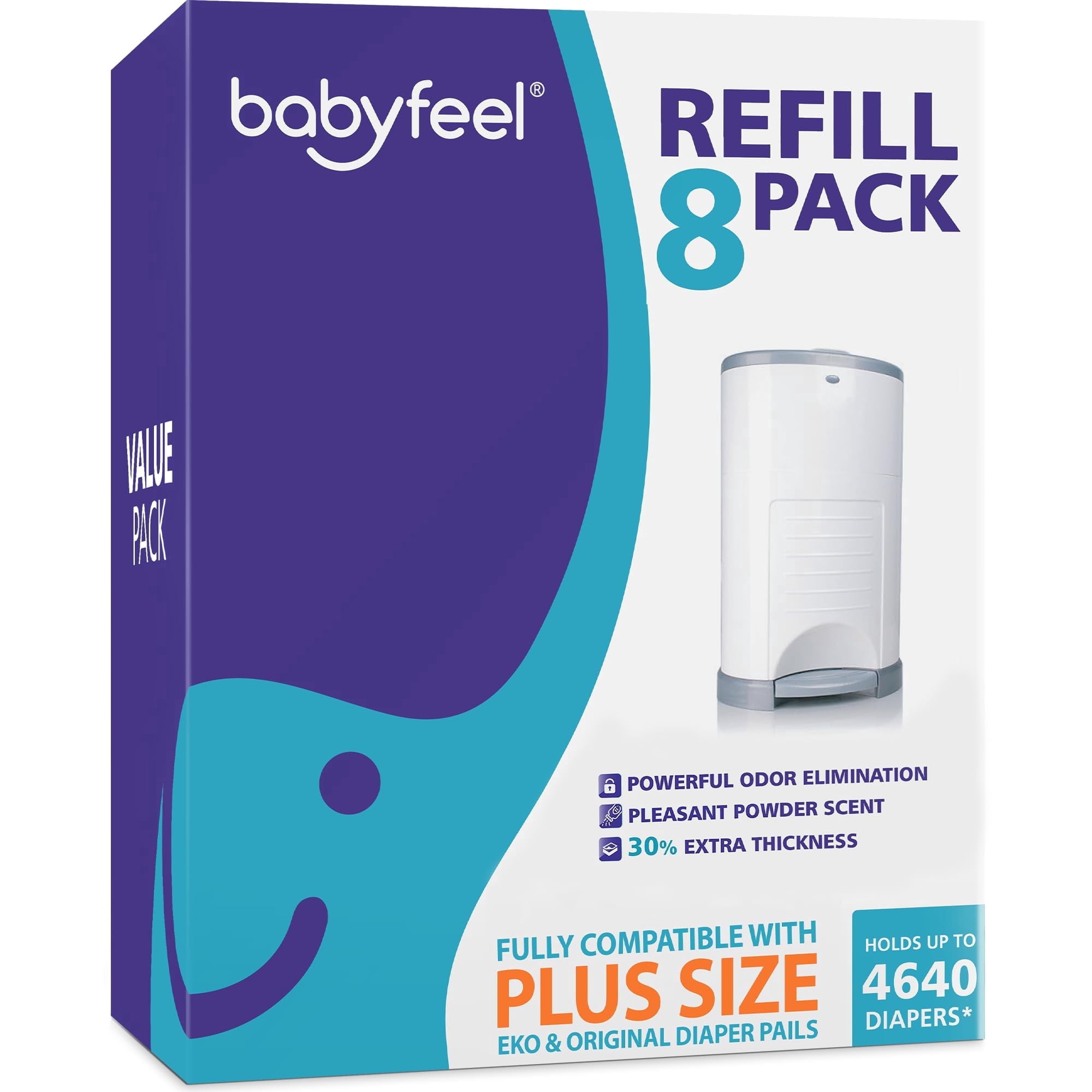 Babyfeel Refills for DEKOR PLUS Diaper Pails, 8 Pack, Exclusive 30% Extra Thickness, Fresh Powder Scent, Holds up to 4640 Diapers