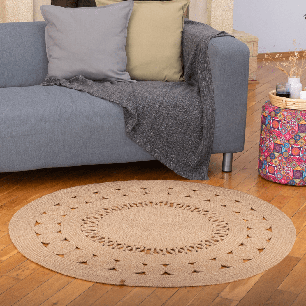 Dekorist Jute Rug, 4' Round Braided Rugs, Anti Slip Boho Rug