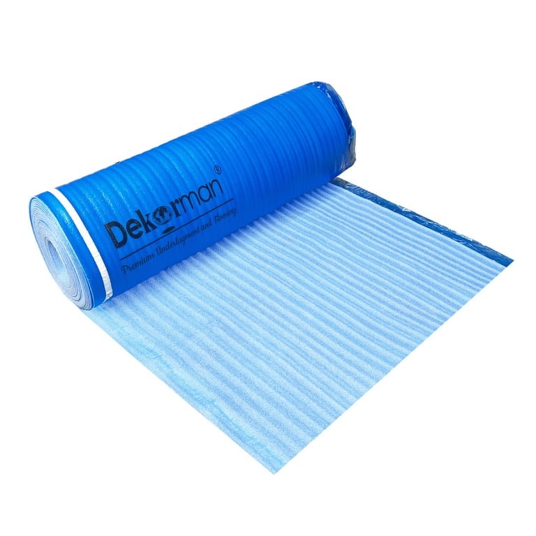 Dekorman 3mm Thickness 2-N-1 Moisture Barrier Blue Foam Underlayment, 200 sqf per roll Dekorman 3mm Thickness 2-N-1 Moisture Barrier Blue Foam Underlayment, 200 sqf per roll