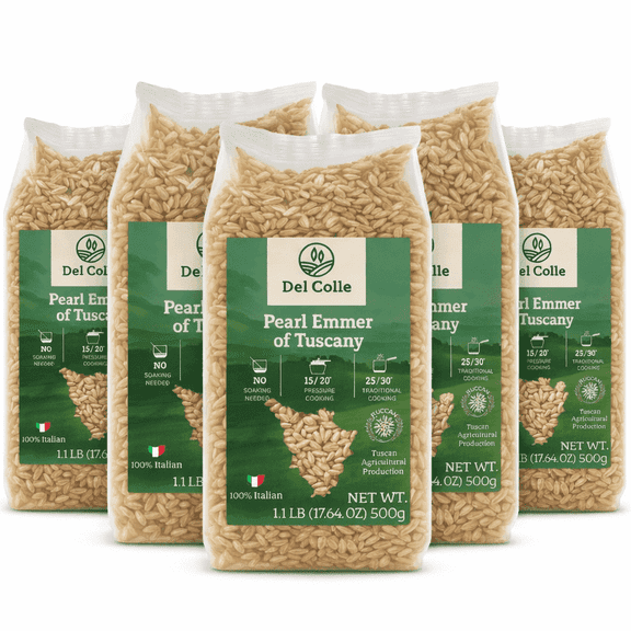Del Colle Pearled Farro Grain, 1.1 lb (500 g), Italian Ancient Grain, Pearl Emmer of Tuscany, Ideal for Soups, Salads & Farrotto, pack of 5