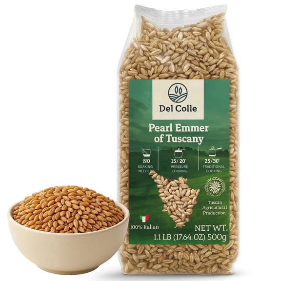 Del Colle Pearled Farro Grain (Pearl Emmer of Tuscany), 1.1 lb (500g) - Italian Ancient Grain for Soups, Salads & Farrotto, Product of Italy