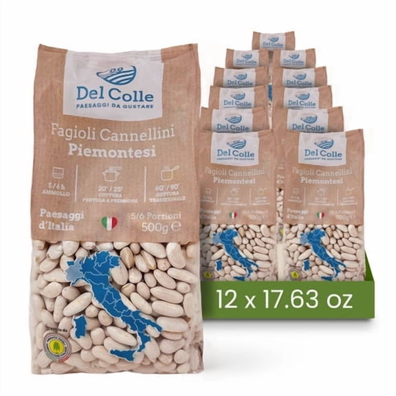 Del Colle Piemonte Cannellini Beans, 1.1 LB (500 g) Italian Dried White Kidney Beans. Good Source of Fiber for Mediterranean Diet, Salad, Pasta and Soup. Sproutable, Vegan, Kosher. (Pack of 12)