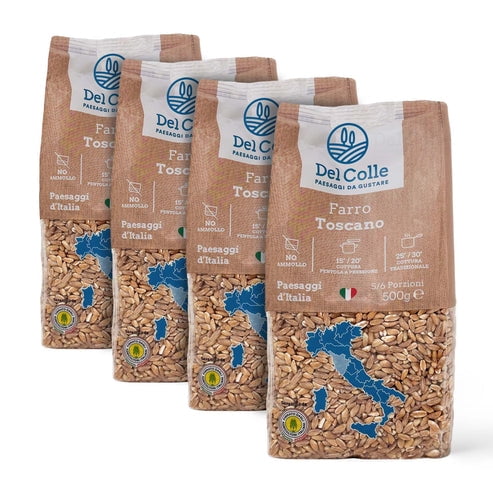 Del Colle Tuscany Pearled Farro, 1.1 LB (500 g)  Italian Whole Grain. Good Source of Fiber for Mediterranean Diet, Salads and Soups. Sproutable, Vegan, Kosher. (Pack of 4)