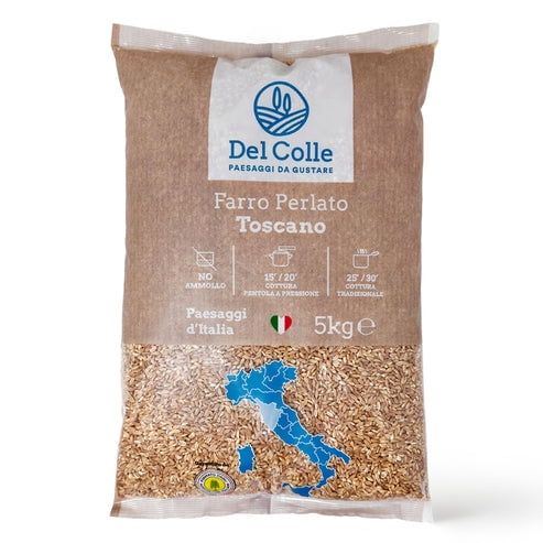 Del Colle Tuscany Pearled Farro, 11 LBS (5 kg) Italian Whole Grain. Good Source of Fiber for Mediterranean Diet, Salads and Soups. Sproutable, Vegan, Kosher. (Pack of 1)