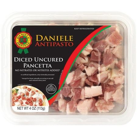 Del Duca Diced Pancetta, Uncured Pork Belly, 4 Oz Plastic Tray, 2 Grams of Protein per Serving
