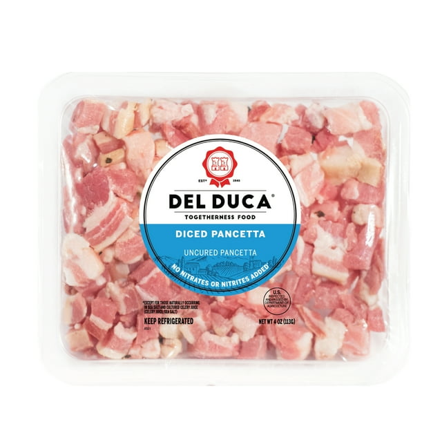 Del Duca, Diced Pancetta, Uncured Pork Belly, 4 oz Plastic Tray