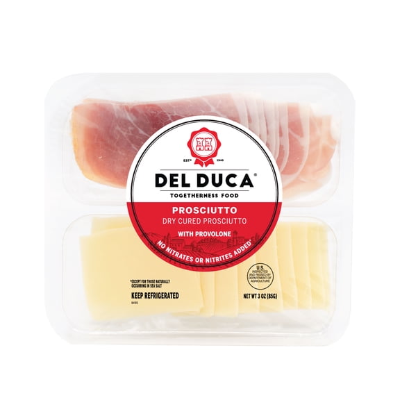 Del Duca Charcuterie Snack Pack, Dry Cured Sliced Prosciutto & Provolone Cheese, Plastic Tray, Single Serve, 3 oz., 24g Protein per Serving
