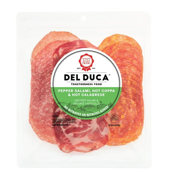 Del Duca, Uncured Pork Variety Pack, Spicy Deli Charcuterie Meat, 6 oz Plastic Tray, Serving Size 1 oz, Minimum of 6 Grams or Protein per Serving