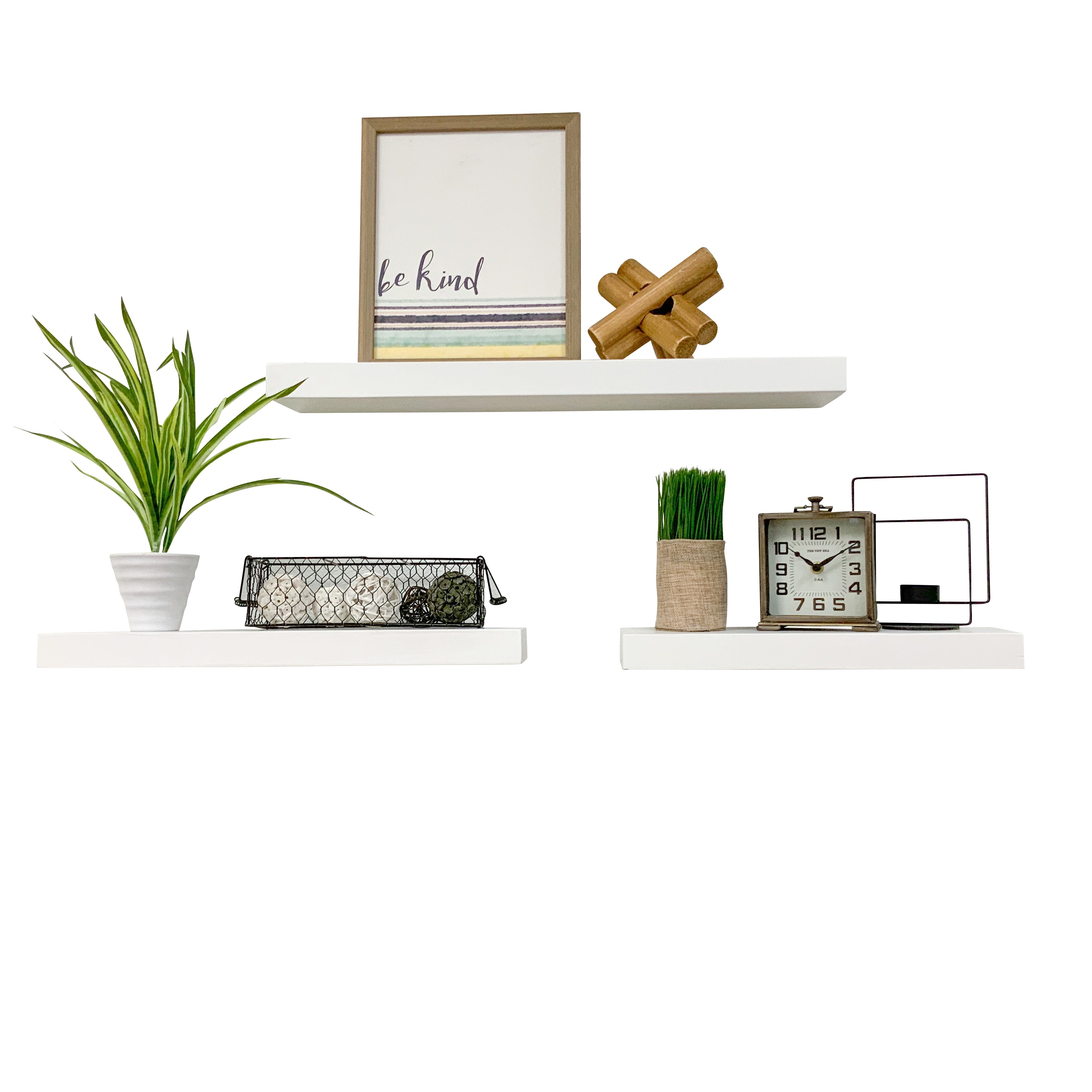 Del Hutson Designs Handmade True Wood Floating Shelves, Set of 3, White