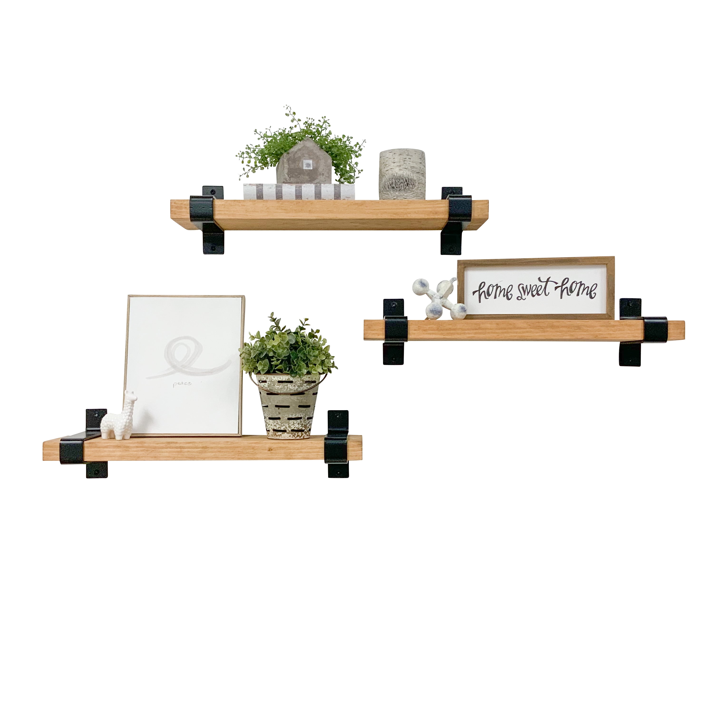 Del Hutson Designs Walnut 24inch Industrial Grace Wrap Floating Shelves, Set of 3