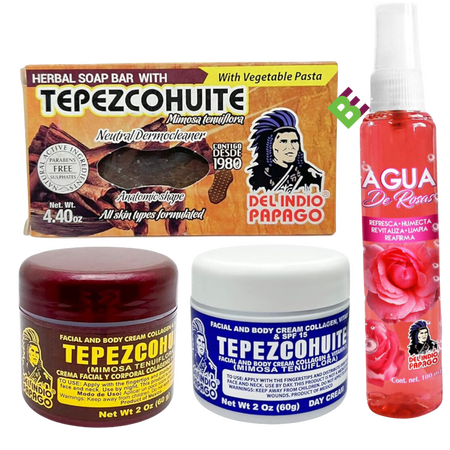 Del Indio Papago Anti-Aging Combo Pack with 2oz Night Cream, 2oz Day Cream and Tepezcohuite Natural Bar Soap + AGUA DE ROSAS 100 ml