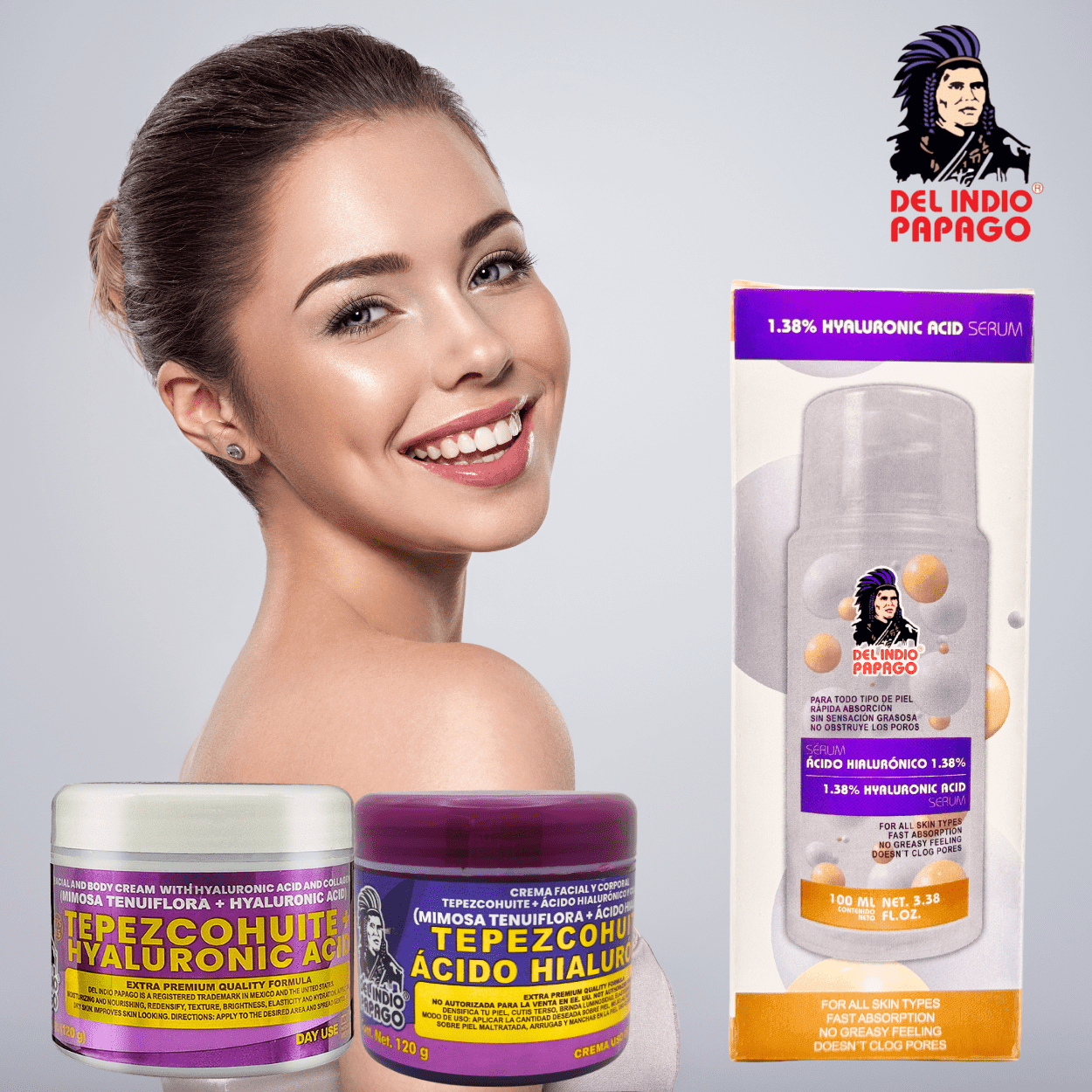 Del Indio Papago Hyaluronic Acid 3-Pack | 2 Face Creams (4oz Each) & 1 Serum (3.38oz) | Hydrating & Anti-Aging Formula | Vitamins A & C | Limited Edition