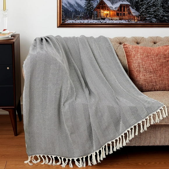 Del La Cassa Turkish Cotton Throw Blanket & Beach Towel, 60"x70" Boho Decorative Blanket for Couch, Bed, Sofa & Outdoor, Lightweight, Soft & Versatile, Dark Grey
