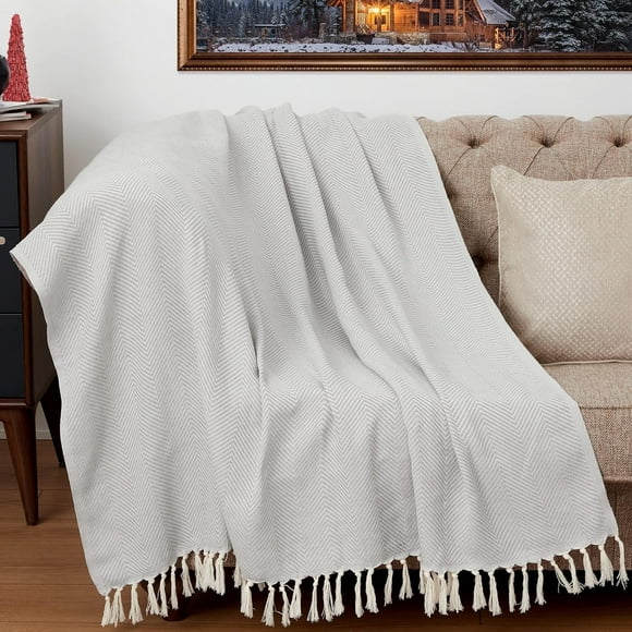 Del La Cassa Turkish Cotton Throw Blanket & Sand-Free Beach Towel, 60"x70" Boho Decorative Blanket for Couch, Bed, Sofa & Outdoor, Lightweight, Soft & Versatile, Light Gray