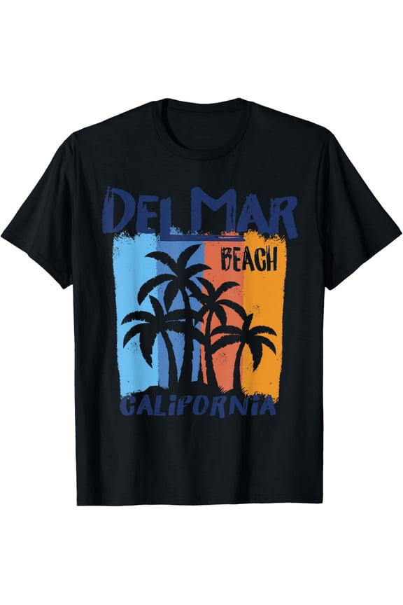 Del Mar Beach California Fun Colorful Palm Trees Design T-Shirt- Classic Beach please shirts Unisex 100% Cotton Crew Neck T-Shirt Breathable Casual Everyday Wear Affordable Graphic Soft Cheap t shirt