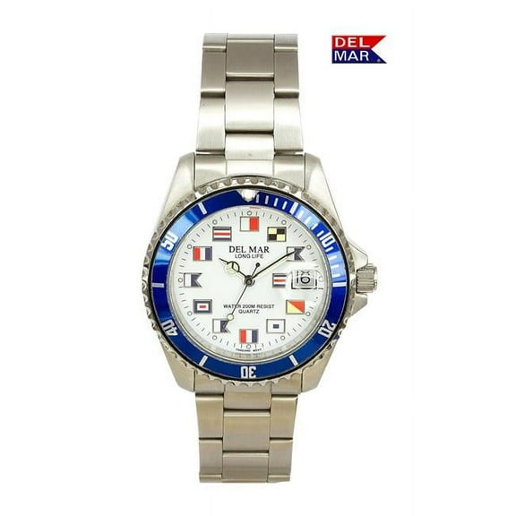 Del Mar Watches 50255 Men's Long Life Classic Nautical Bracelet Blue Bezel SS Watch 5