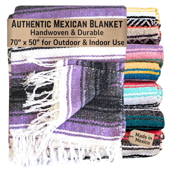 Del Mex Authentic Mexican Blanket, Woven in Mexico, 70" x 50" Falsa for Outdoors (Lavender)