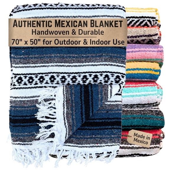 Del Mex Authentic Mexican Blanket, Woven in Mexico, 70" x 50" Falsa for Outdoors (Navy Blue)