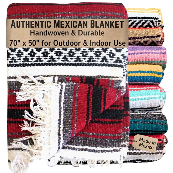 Del Mex Authentic Mexican Blanket, Woven in Mexico, 70" x 50" Falsa for Outdoors (Red)