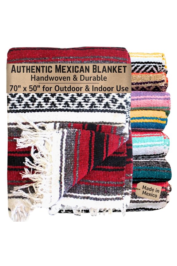 Authentic Mexican Blanket, Woven in Mexico, 70" x 50" Falsa for Outdoors (Red)