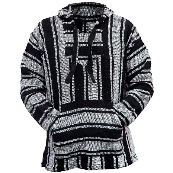 Del Mex Mexican Baja Hoodie, Hippie Sweater Pullover (Black/White, Small)