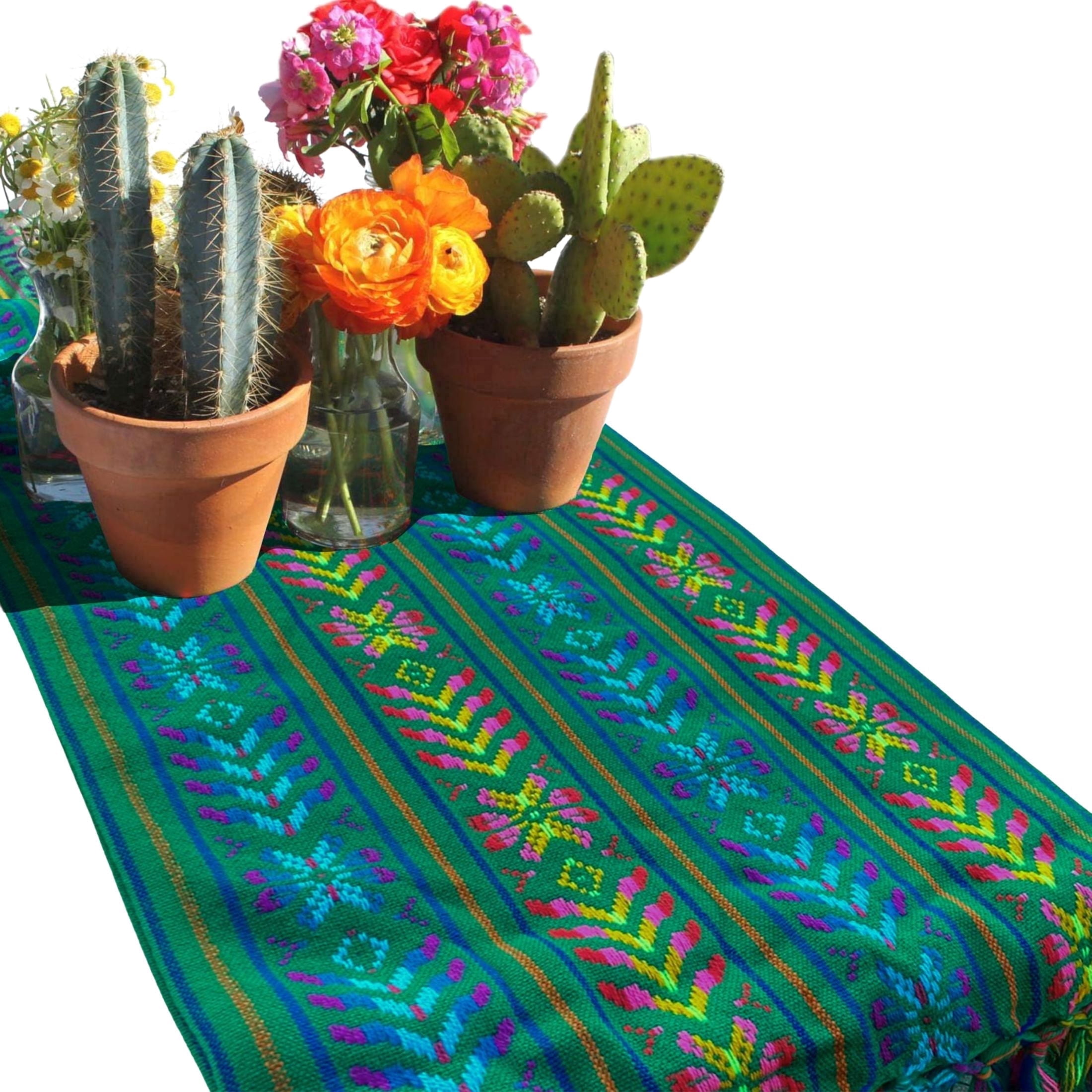 Del Mex Mexican Rebozo Table Runner, Soft Woven Fiesta Wedding Party Decor, 74" x 14" (Green)