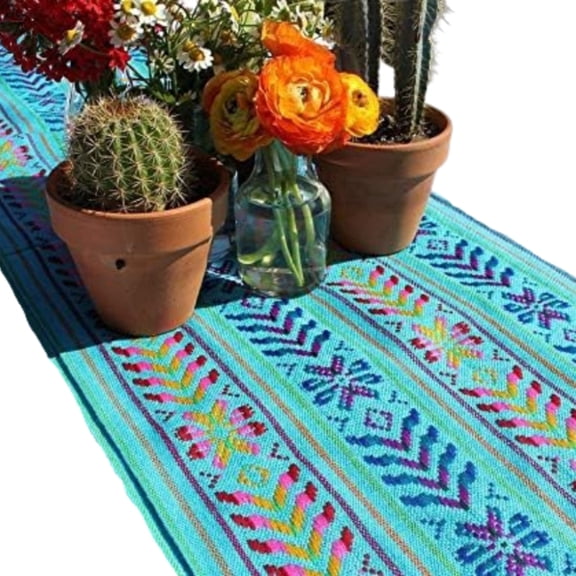Del Mex Mexican Rebozo Table Runner, Soft Woven Fiesta Wedding Party Decor, 74" x 14" (Turquoise)