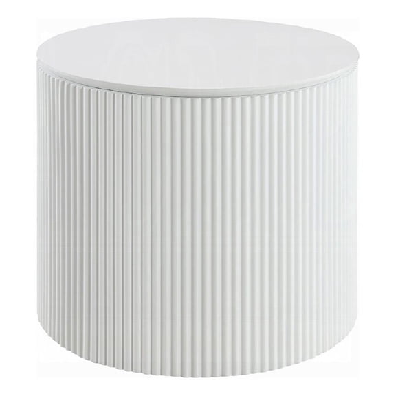 Del Modern Side End Table- 22 Inch Round Top- Glossy White Ribbed Base