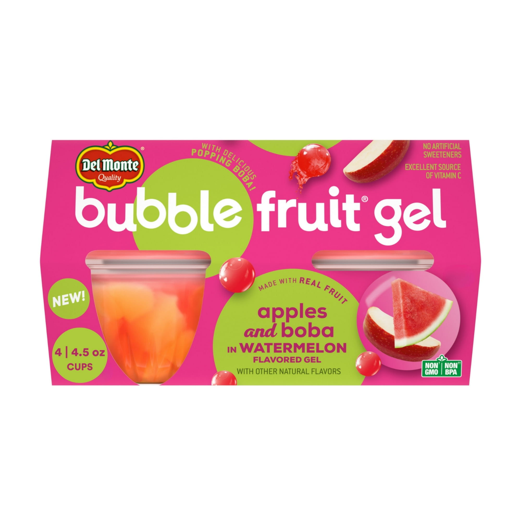 Del Monte Bubble Fruit Gel Apple Watermelon Fruit Cup Snack with Popping Boba 4.5 oz Cup 4 Count (Pack of 6)