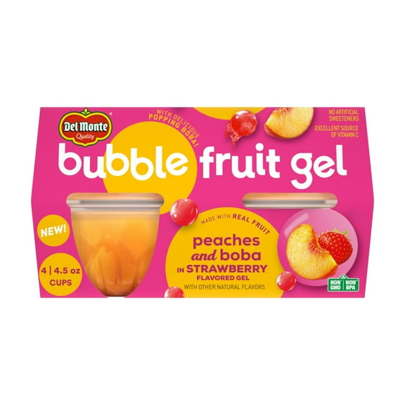 Del Monte Bubble Fruit Gel Peach Strawberry Fruit Cup Snack with Popping Boba, 4.5 oz Cup (Pack of 4)