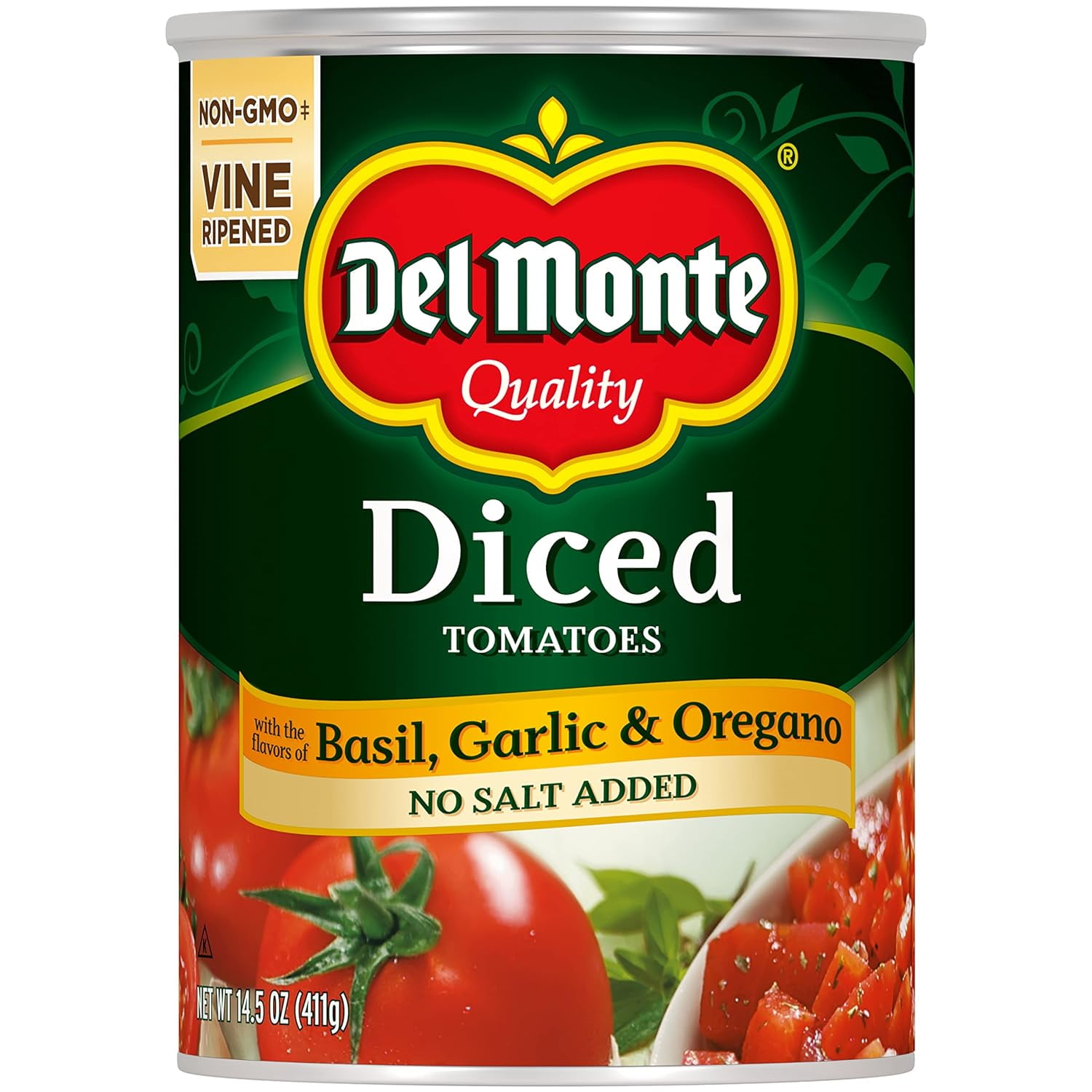 Del Monte Canned Diced Tomatoes with Basil, Garlic, Oregano and No Added Salt, 14.5 Oz
