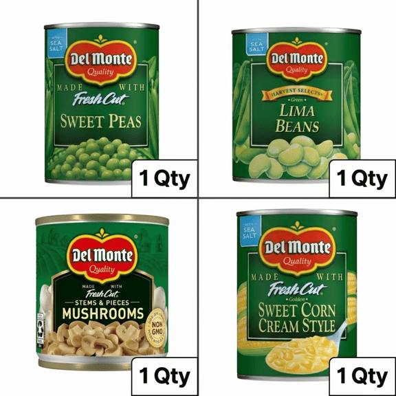Del Monte Canned Vegetables Variety Pack, Fresh Cut Sweet Peas, Lima Beans, Mushrooms, Sweet Corn, 4-Pack