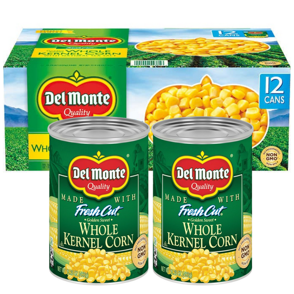 Del Monte Canned Whole Kernel Corn 15.25 oz with Sea Salt | Non-GMO, No Artificial Preservatives Added, Sweet Corn Vegetables for Kitchen Pantry Convenient & Ready to Eat Snacks Side dish & More 12ct.