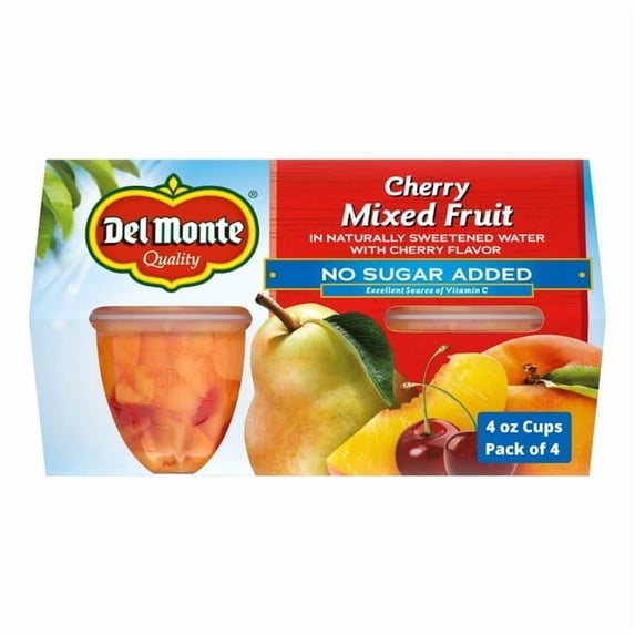 Del Monte Cherry Flavor Mixed Fruit Cup No Sugar Added 4 oz (4 Cups ...