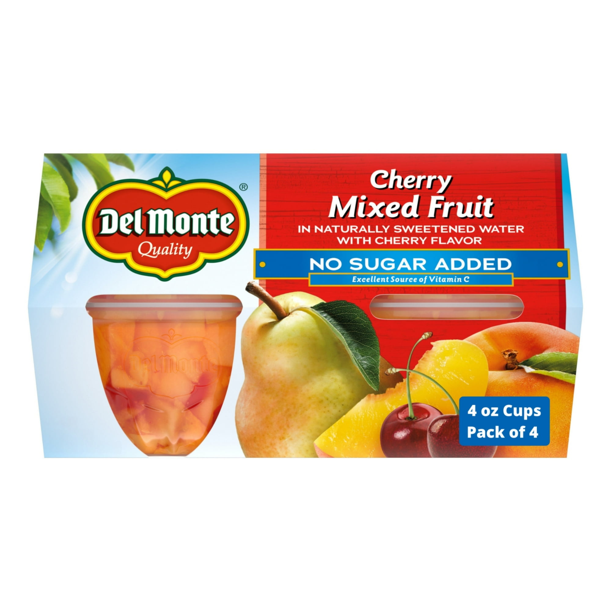 Del Monte Cherry Flavor Mixed Fruit Cup No Sugar Added 4 oz (4 Cups) (Pack of 6)