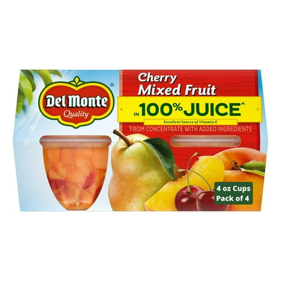 Del Monte Cherry Flavored Mixed Fruit Cups 100% Juice 4 oz 4 Count (Pack of 2)