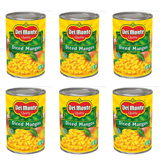 Del Monte Diced Mango in Extra Light Syrup, 15 oz Cans (Pack of 6) Ripe Mango Chunks in Light Syrup, Non-GMO, Perfect for Snacking, Baking & Recipes