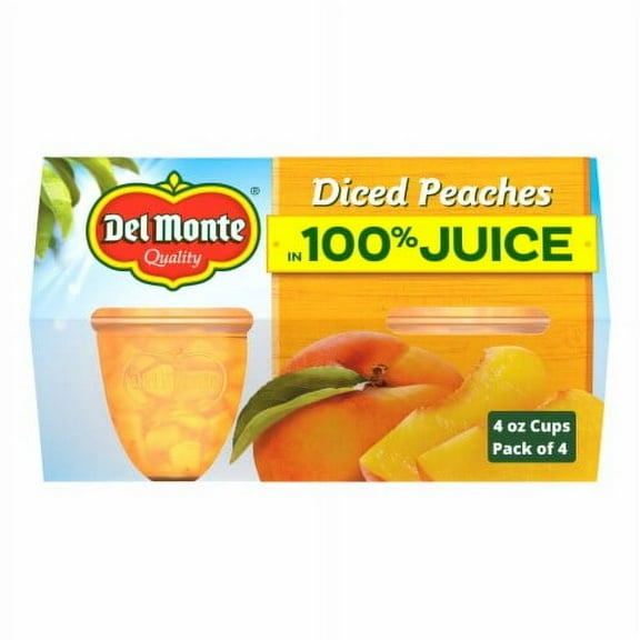 Del Monte Diced Peaches Fruit Cup Snacks in 100% Juice 4 ct / 4 oz - Pack of 2