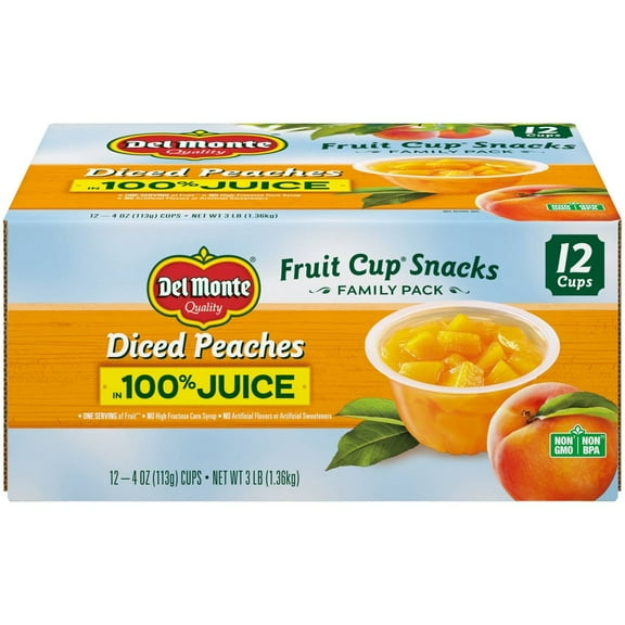 Del Monte Diced Peaches Fruit Cups in 100% Juice - 12ct/4oz - Pack of 2