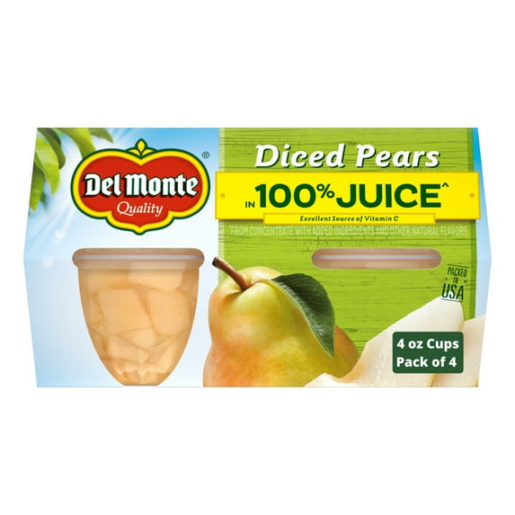 Del Monte Diced Pears Fruit Cup Snacks, 4 oz (Pack of 4)