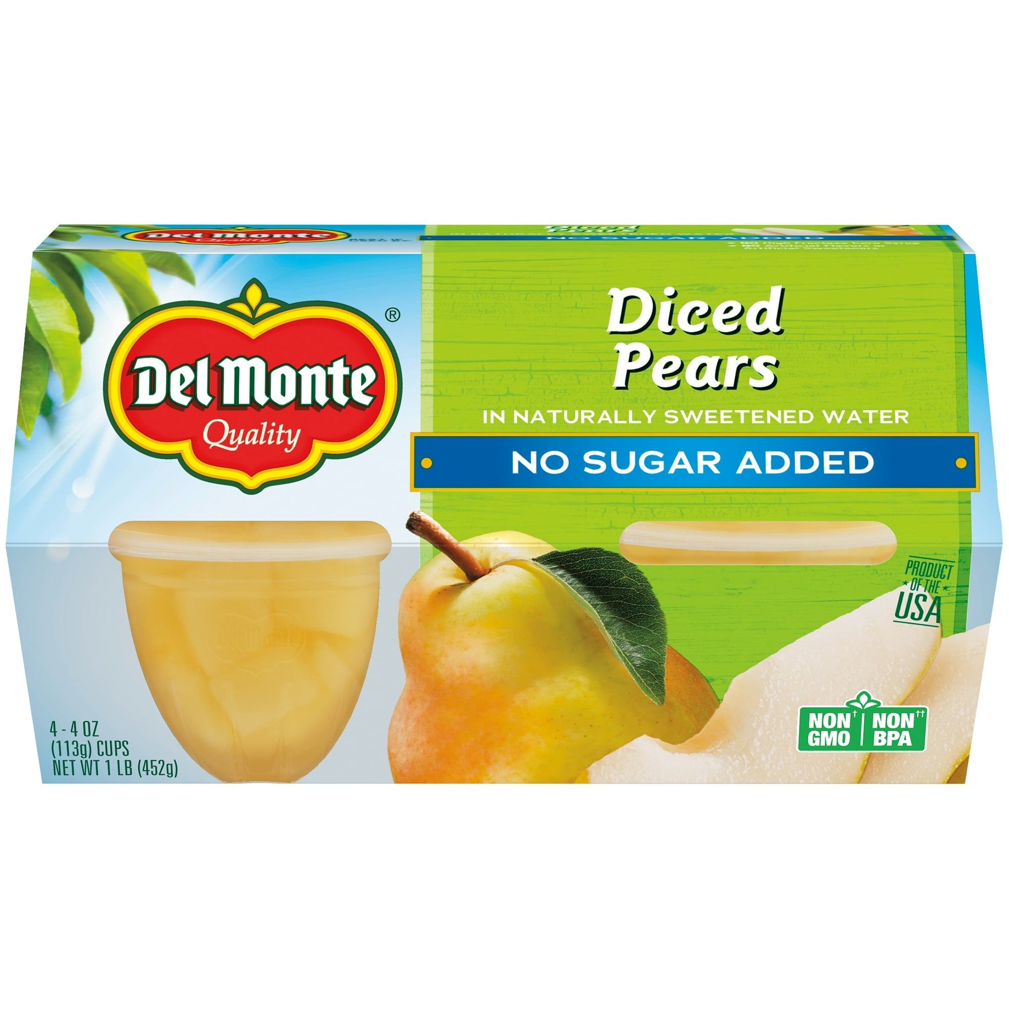 Del Monte Diced Pears Fruit Cup Snacks No Sugar Added 4 oz (4 Cups) (Pack of 6)
