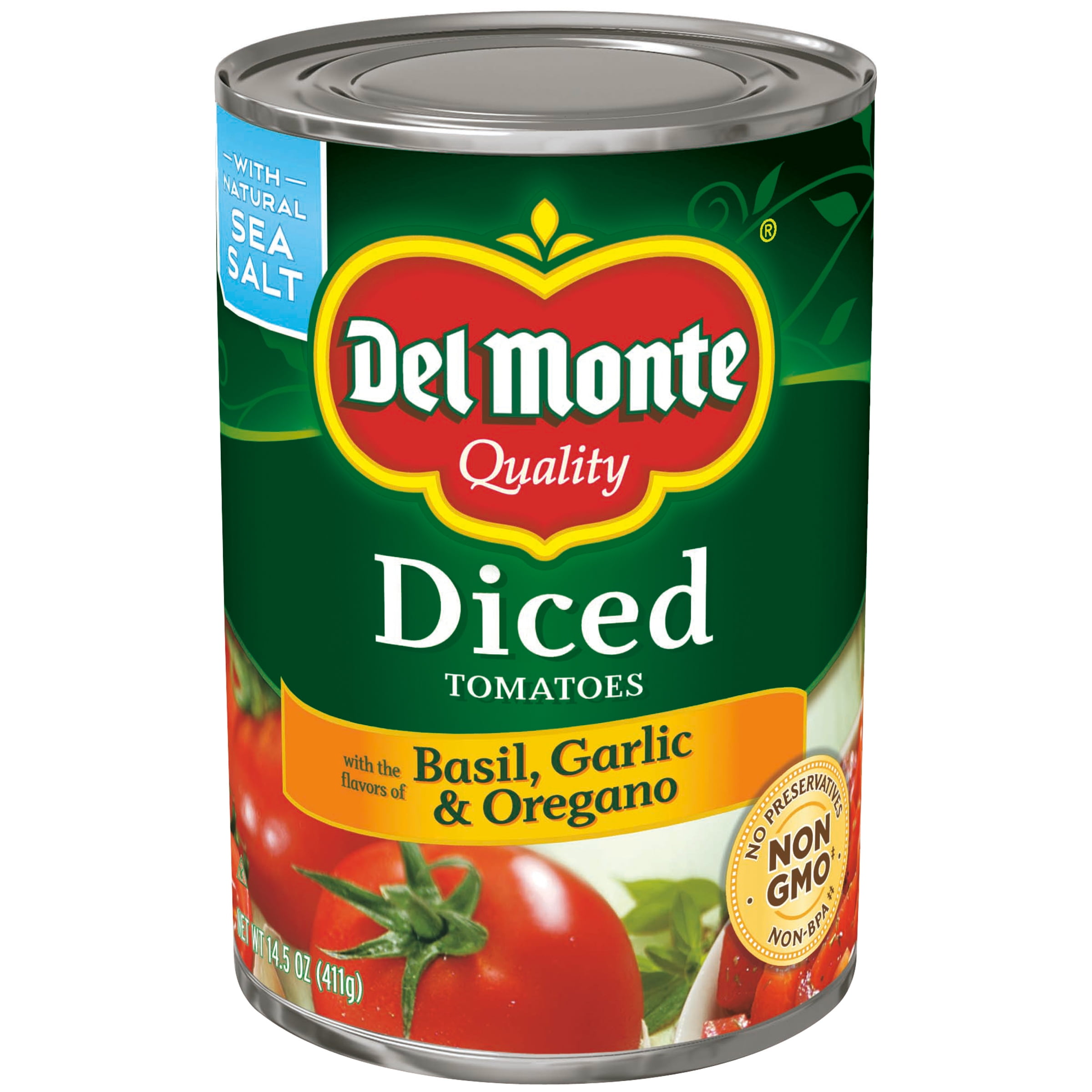 Del Monte Diced Tomatoes With The Flavors Of Basil, Garlic & Oregano, 14.5 oz canned tomatoes